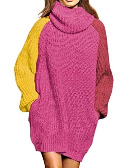 Pink Queen Women's Loose Oversize Turtleneck Wool Long Pullover Sweater Dress