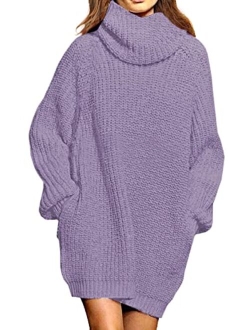 Pink Queen Women's Loose Oversize Turtleneck Wool Long Pullover Sweater Dress