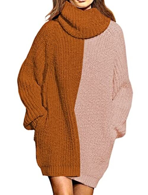 Pink Queen Women's Loose Oversize Turtleneck Wool Long Pullover Sweater Dress