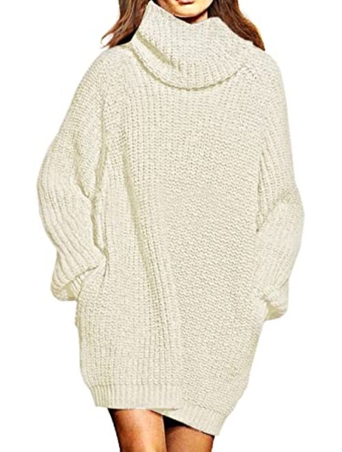 Pink Queen Women's Loose Oversize Turtleneck Wool Long Pullover Sweater Dress