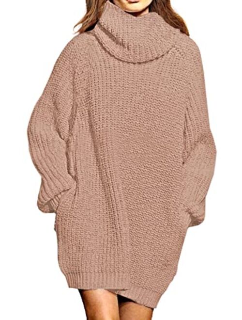 Pink Queen Women's Loose Oversize Turtleneck Wool Long Pullover Sweater Dress