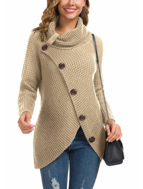 GRECERELLE Women's Casual Turtle Cowl Neck Asymmetric Hem Wrap Pullover Chunky Button Knit Sweater