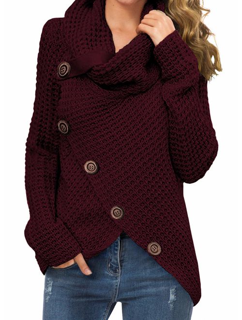 GRECERELLE Women's Casual Turtle Cowl Neck Asymmetric Hem Wrap Pullover Chunky Button Knit Sweater