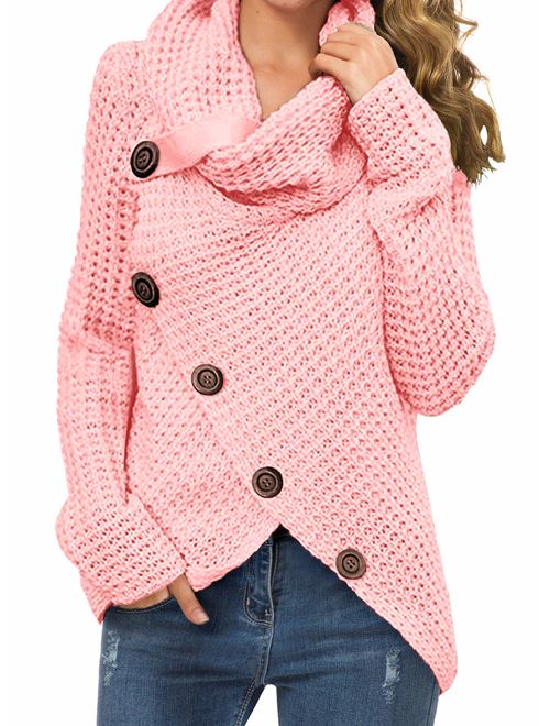 GRECERELLE Women's Casual Turtle Cowl Neck Asymmetric Hem Wrap Pullover Chunky Button Knit Sweater