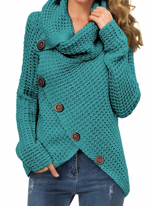 GRECERELLE Women's Casual Turtle Cowl Neck Asymmetric Hem Wrap Pullover Chunky Button Knit Sweater