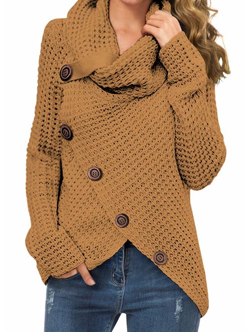 GRECERELLE Women's Casual Turtle Cowl Neck Asymmetric Hem Wrap Pullover Chunky Button Knit Sweater