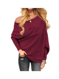 VOIANLIMO Women's Off Shoulder Knit Jumper Long Sleeve Pullover Baggy Solid Sweater