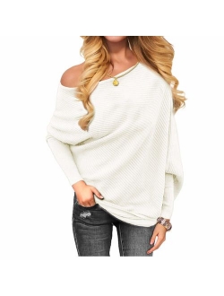 VOIANLIMO Women's Off Shoulder Knit Jumper Long Sleeve Pullover Baggy Solid Sweater