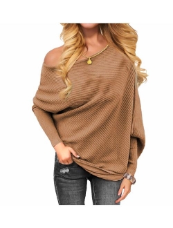 VOIANLIMO Women's Off Shoulder Knit Jumper Long Sleeve Pullover Baggy Solid Sweater