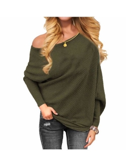 VOIANLIMO Women's Off Shoulder Knit Jumper Long Sleeve Pullover Baggy Solid Sweater