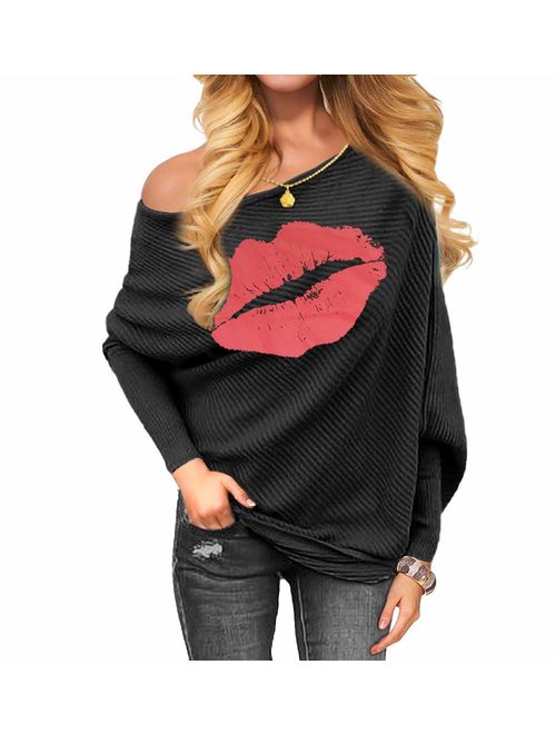 VOIANLIMO Women's Off Shoulder Knit Jumper Long Sleeve Pullover Baggy Solid Sweater