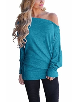 INFITTY Women's Off Shoulder Loose Pullover Sweater Batwing Sleeve Knit Jumper Oversized Tunics Top