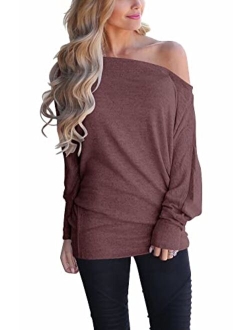 INFITTY Women's Off Shoulder Loose Pullover Sweater Batwing Sleeve Knit Jumper Oversized Tunics Top