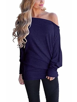 INFITTY Women's Off Shoulder Loose Pullover Sweater Batwing Sleeve Knit Jumper Oversized Tunics Top