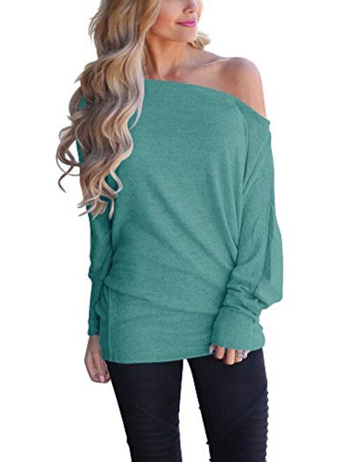 INFITTY Women's Off Shoulder Loose Pullover Sweater Batwing Sleeve Knit Jumper Oversized Tunics Top