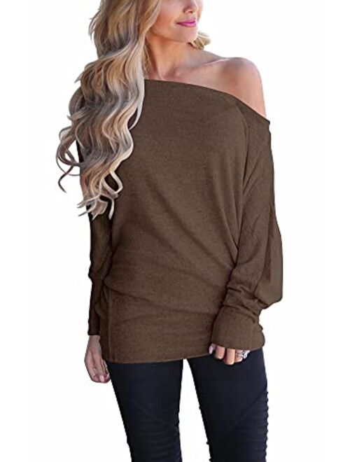 INFITTY Women's Off Shoulder Loose Pullover Sweater Batwing Sleeve Knit Jumper Oversized Tunics Top