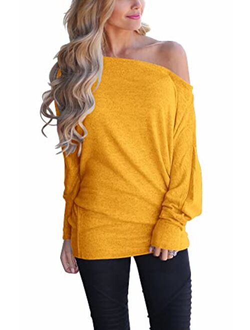 INFITTY Women's Off Shoulder Loose Pullover Sweater Batwing Sleeve Knit Jumper Oversized Tunics Top