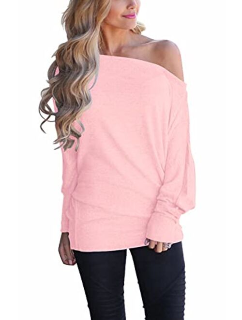 INFITTY Women's Off Shoulder Loose Pullover Sweater Batwing Sleeve Knit Jumper Oversized Tunics Top