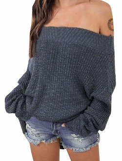 Exlura Women's Off Shoulder Sweater Batwing Sleeve Loose Oversized Pullover Knit Jumper