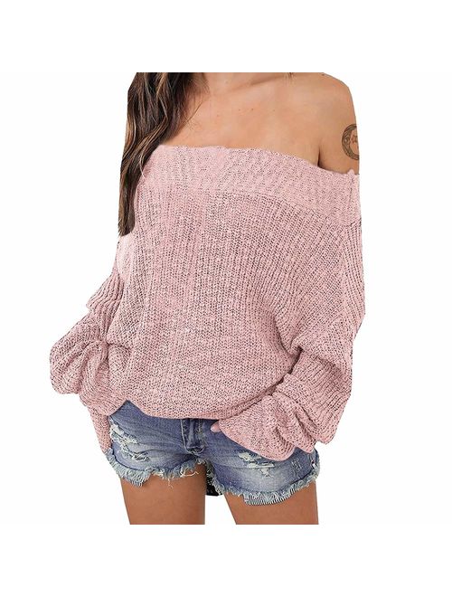 Exlura Women's Off Shoulder Sweater Batwing Sleeve Loose Oversized Pullover Knit Jumper