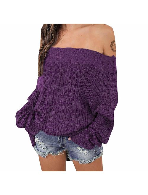 Exlura Women's Off Shoulder Sweater Batwing Sleeve Loose Oversized Pullover Knit Jumper