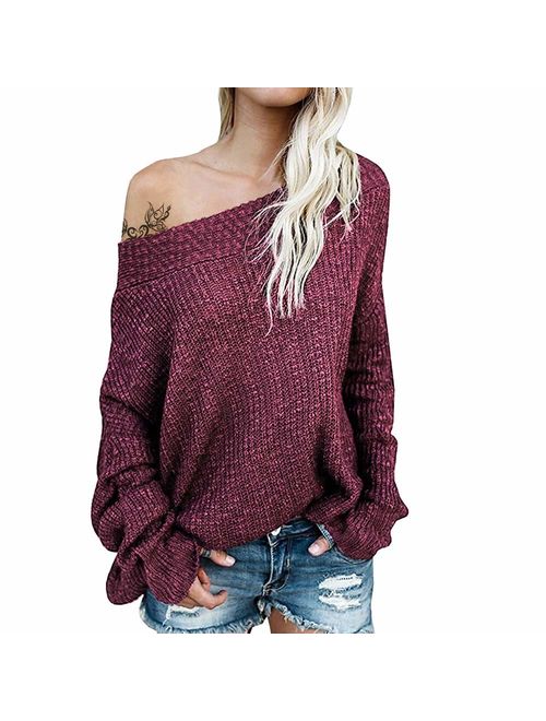 Exlura Women's Off Shoulder Sweater Batwing Sleeve Loose Oversized Pullover Knit Jumper