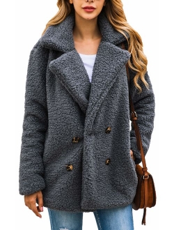 ECOWISH Women's Coat Casual Lapel Fleece Fuzzy Faux Shearling Zipper Warm Winter Oversized Outwear Jackets