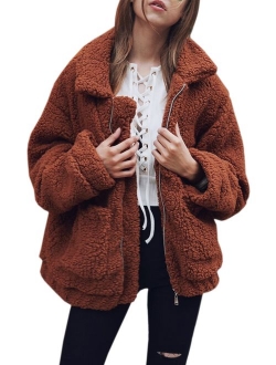 ECOWISH Women's Coat Casual Lapel Fleece Fuzzy Faux Shearling Zipper Warm Winter Oversized Outwear Jackets