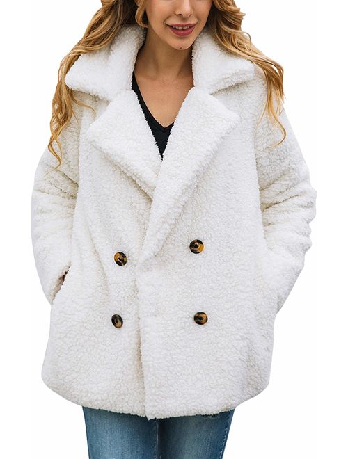 ECOWISH Women's Coat Casual Lapel Fleece Fuzzy Faux Shearling Zipper Warm Winter Oversized Outwear Jackets