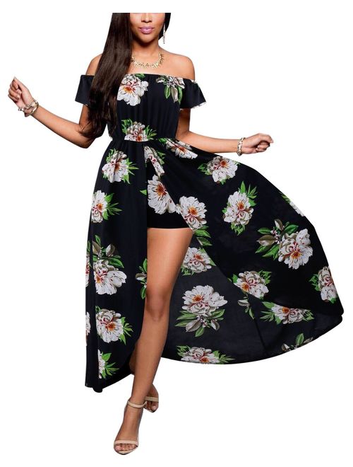 BIUBIU Women's Off Shoulder Floral Rayon Party Split Maxi Romper Dress S-3XL