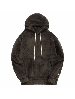 Men's Solid Winter Fluffy Hoodie Oversized Hooded Pullover Sweatshirt Outwear with Kangaroo Pocket