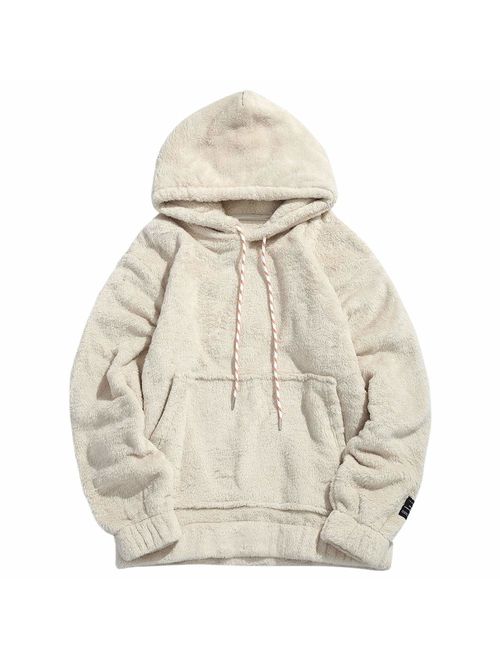 ZAFUL Men's Solid Winter Fluffy Hoodie Oversized Hooded Pullover Sweatshirt Outwear with Kangaroo Pocket