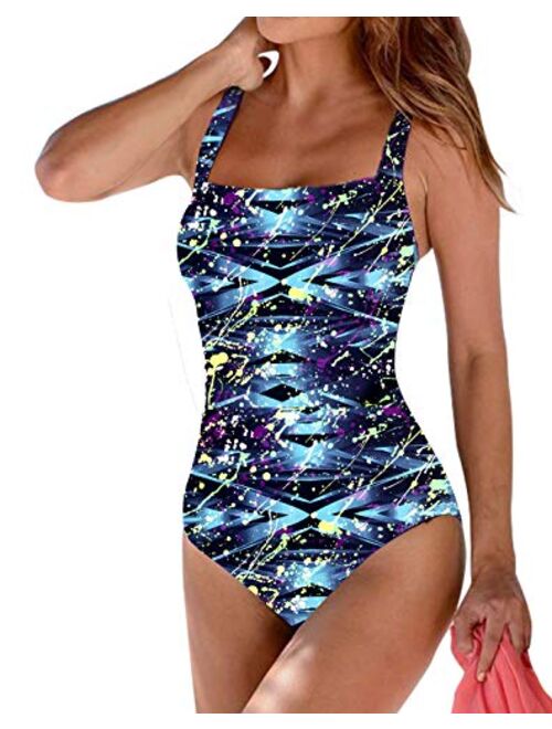 Upopby Women's Vintage Padded Push up One Piece Swimsuits Tummy Control Bathing Suits Plus Size Swimwear