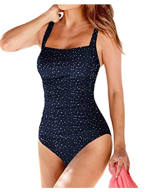 Upopby Women's Vintage Padded Push up One Piece Swimsuits Tummy Control Bathing Suits Plus Size Swimwear