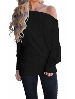 GOLDSTITCH Women's Off Shoulder Batwing Sleeve Loose Pullover Sweater Knit Jumper Oversized Tunics Top