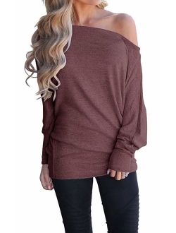 GOLDSTITCH Women's Off Shoulder Batwing Sleeve Loose Pullover Sweater Knit Jumper Oversized Tunics Top