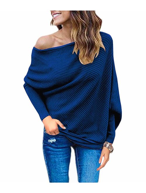 GOLDSTITCH Women's Off Shoulder Batwing Sleeve Loose Pullover Sweater Knit Jumper Oversized Tunics Top