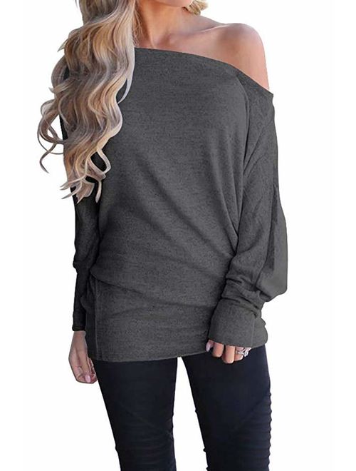 GOLDSTITCH Women's Off Shoulder Batwing Sleeve Loose Pullover Sweater Knit Jumper Oversized Tunics Top