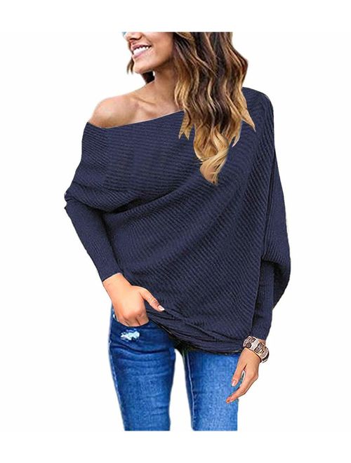 GOLDSTITCH Women's Off Shoulder Batwing Sleeve Loose Pullover Sweater Knit Jumper Oversized Tunics Top