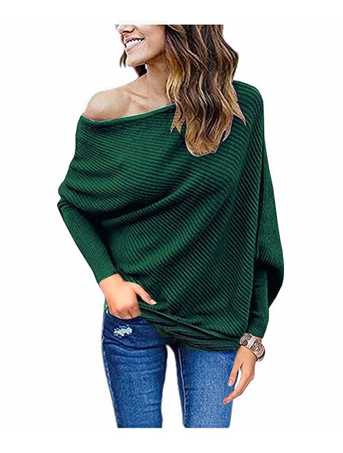 GOLDSTITCH Women's Off Shoulder Batwing Sleeve Loose Pullover Sweater Knit Jumper Oversized Tunics Top