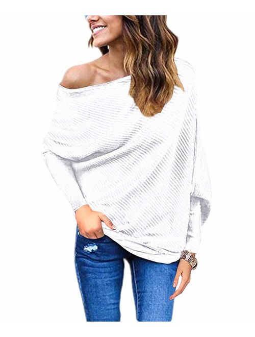 GOLDSTITCH Women's Off Shoulder Batwing Sleeve Loose Pullover Sweater Knit Jumper Oversized Tunics Top