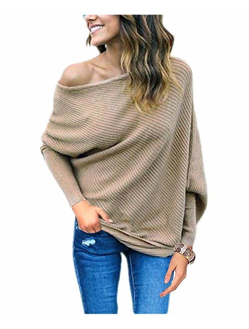 GOLDSTITCH Women's Off Shoulder Batwing Sleeve Loose Pullover Sweater Knit Jumper Oversized Tunics Top