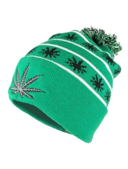 Marijuana Leafs Pom Pom Acrylic Beanie Hat