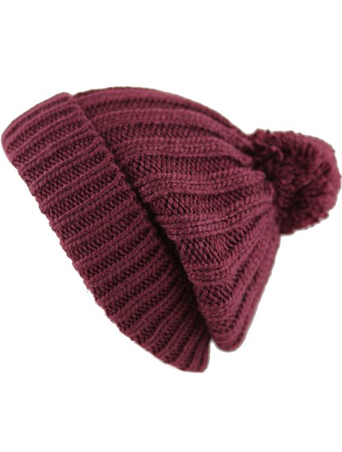 The Hat Depot Women Winter Oversized Chunky Thick Stretchy Knitted Pom Pom Beanie Fleece Lined Beanie Hat