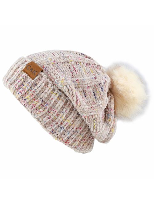 The Hat Depot Women Winter Oversized Chunky Thick Stretchy Knitted Pom Pom Beanie Fleece Lined Beanie Hat