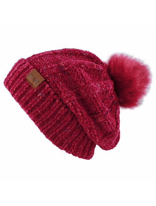 The Hat Depot Women Winter Oversized Chunky Thick Stretchy Knitted Pom Pom Beanie Fleece Lined Beanie Hat