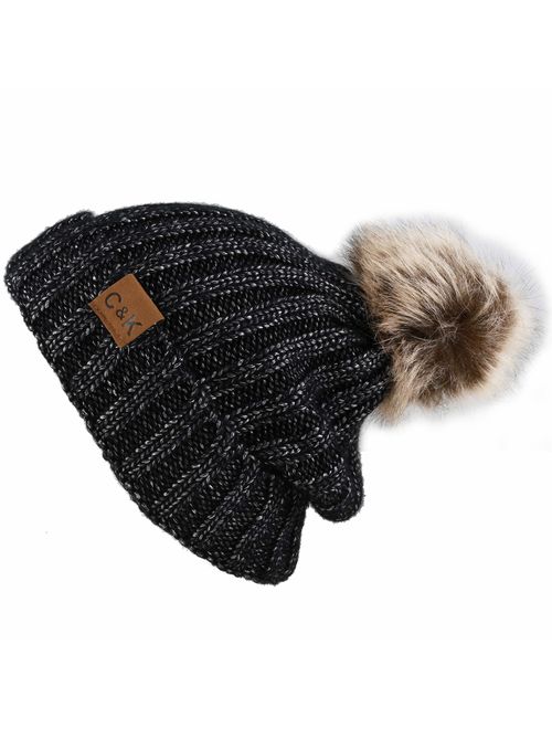 The Hat Depot Women Winter Oversized Chunky Thick Stretchy Knitted Pom Pom Beanie Fleece Lined Beanie Hat