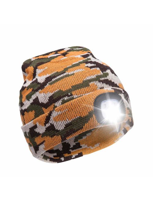 USB Rechargeable 4 LED Lighted Beanie CapUnisex Winter Warmer Knit Cap Hands Free Hat for Hiking, Jogging, CampingBiking