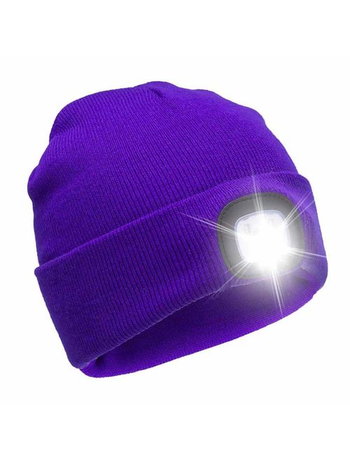 USB Rechargeable 4 LED Lighted Beanie CapUnisex Winter Warmer Knit Cap Hands Free Hat for Hiking, Jogging, CampingBiking