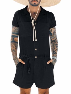 Pengfei Mens Rompers Shorts Jumpsuits Short Sleeve One Piece Button Down Casual Coverall with Pockets